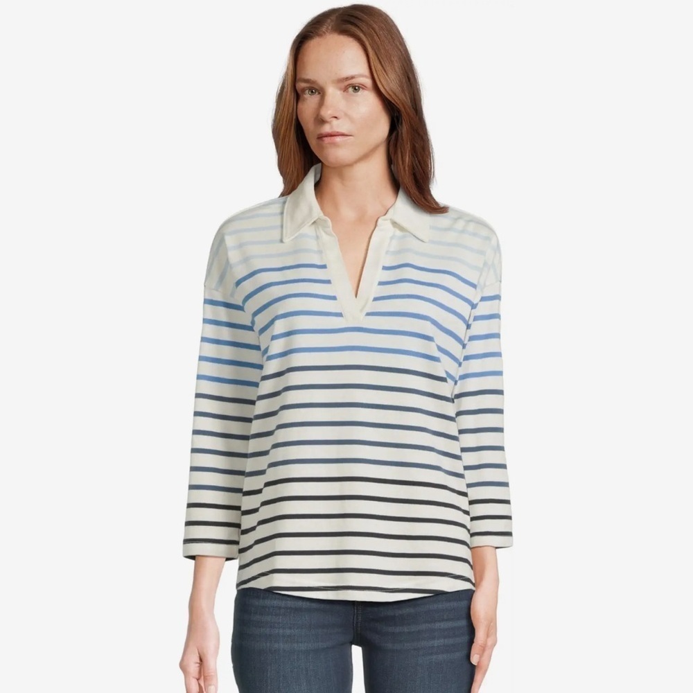 LL BEAN XSP Heritage Mariner striped collared woman 3/4 sleeve cotton top casual